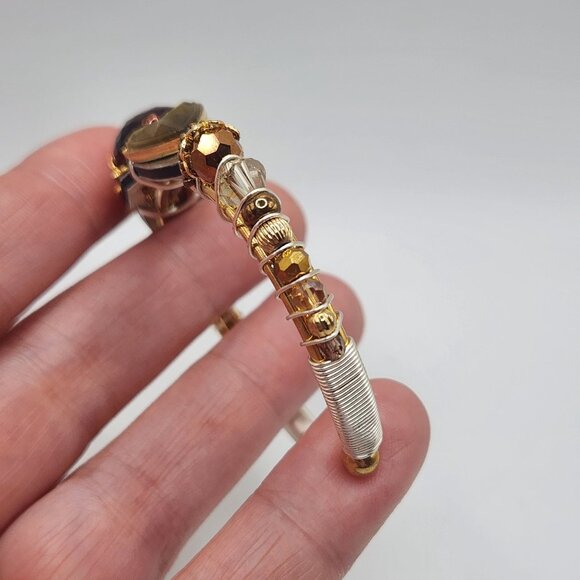 Liz Tech 2013 Camphor & Faceted Purple Glass Earthtones Cuff Bracelet Adjustable - Picture 3 of 12